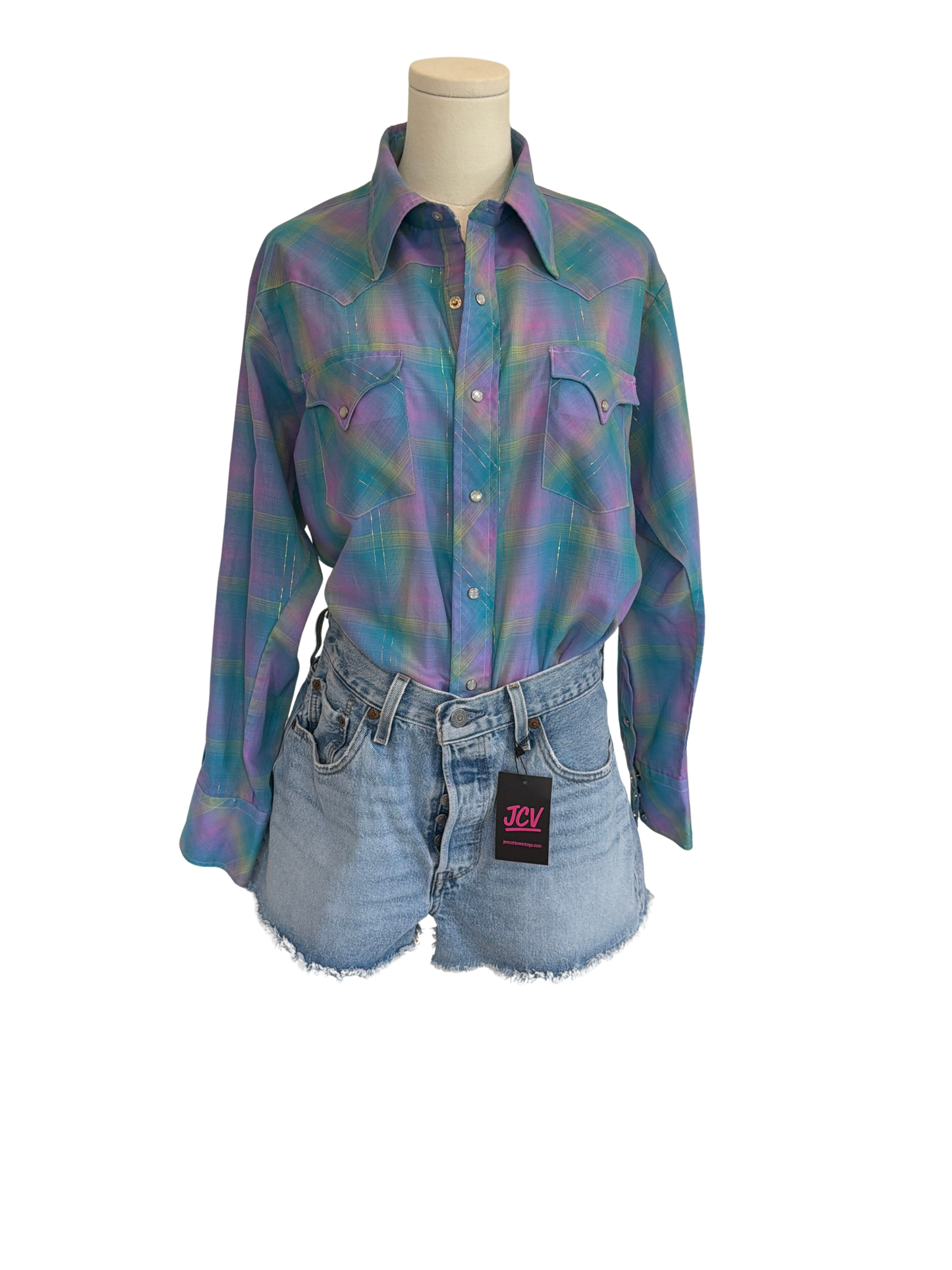Vintage 1970s Teal & Purple Plaid Pearl Snap Western Shirt. size Small