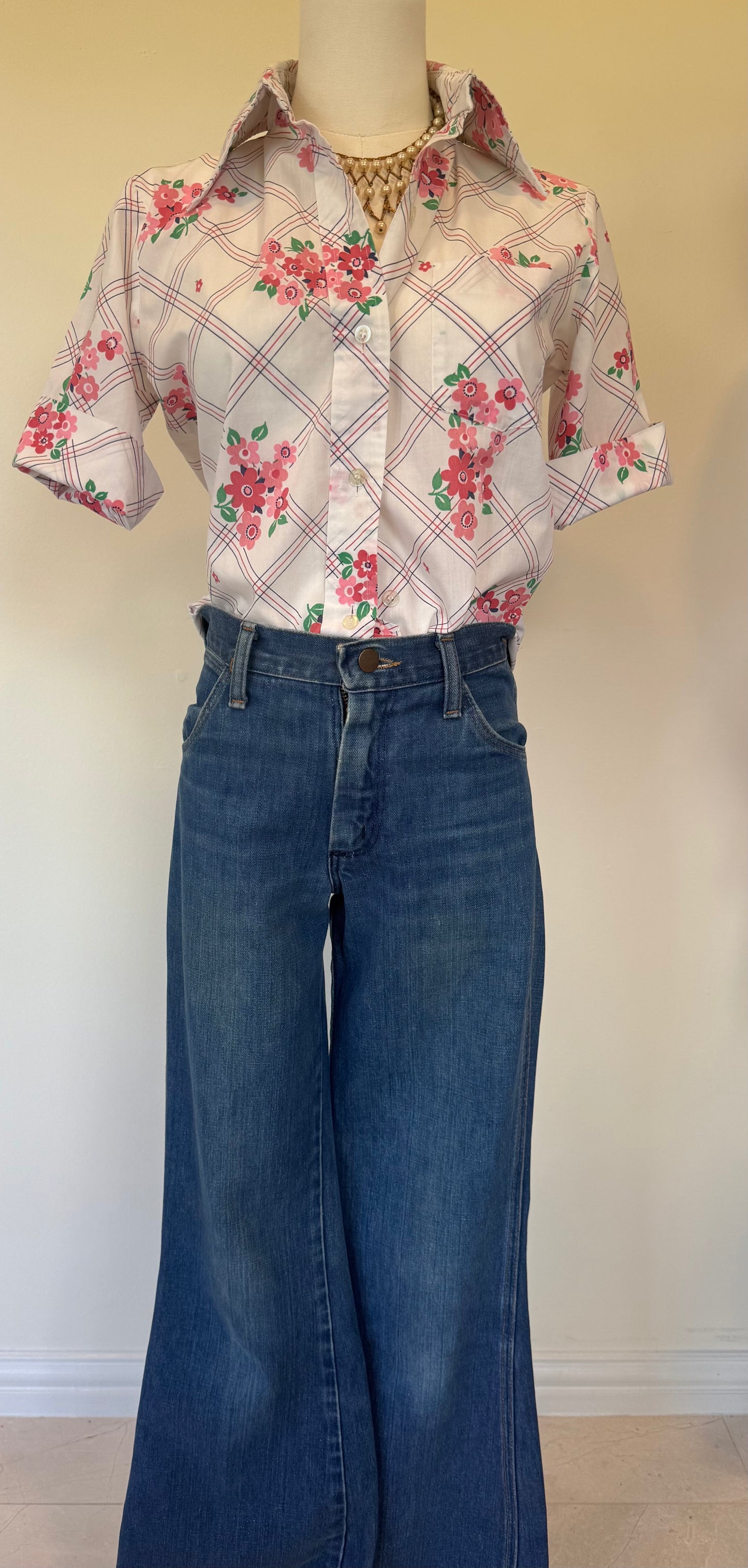 70s Floral Plaid button down blouse