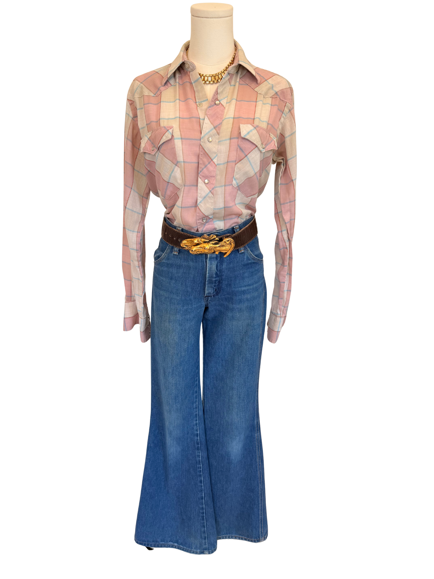 Vintage Wrangler Cowboy Cut Pink Plaid Pearl Snap Western Shirt size small