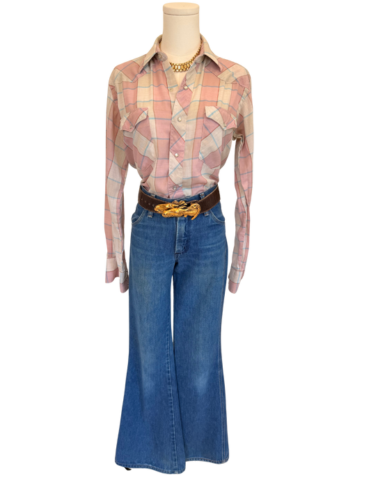 Vintage Wrangler Cowboy Cut Pink Plaid Pearl Snap Western Shirt size small