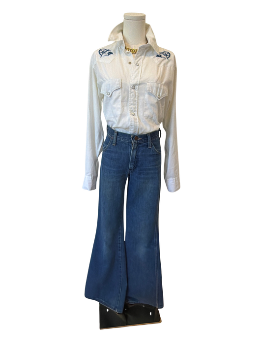 Vintage White Embroidered Western Pearl Snap Shirt