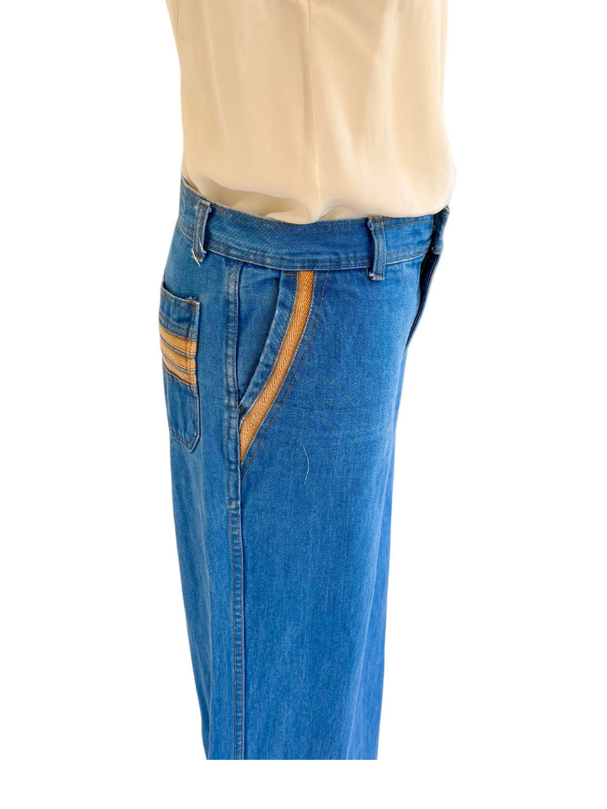 Vintage 1970s Wide-Leg Jeans with Woven Pocket Trim