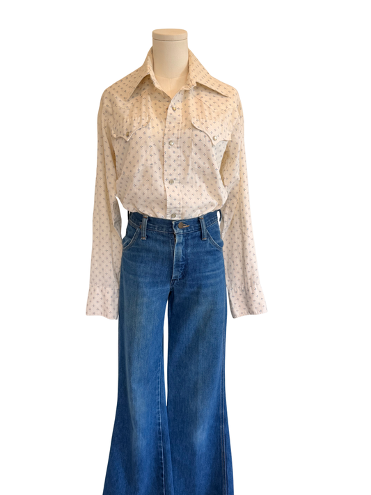 Vintage 1970s Ivory Micro-Print Pearl Snap Western Shirt Size : Small