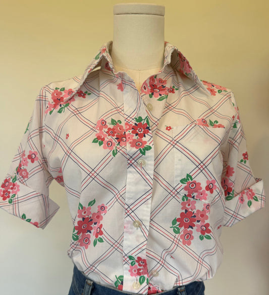 70s Floral Plaid button down blouse